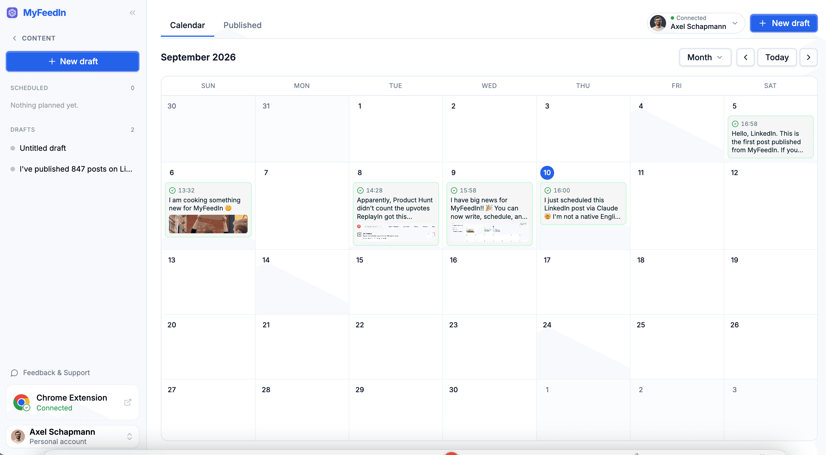 MyFeedIn content calendar with LinkedIn posts scheduled and published across the month