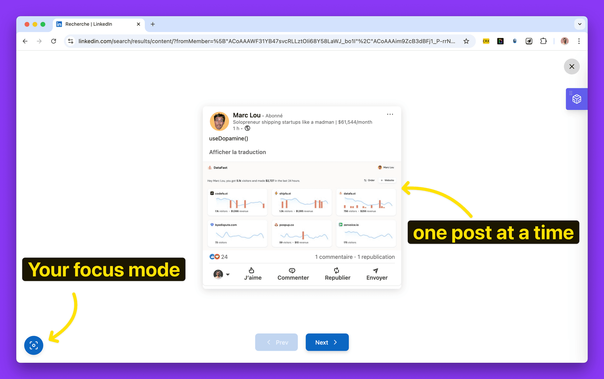 MyFeedIn focus mode hiding LinkedIn distractions