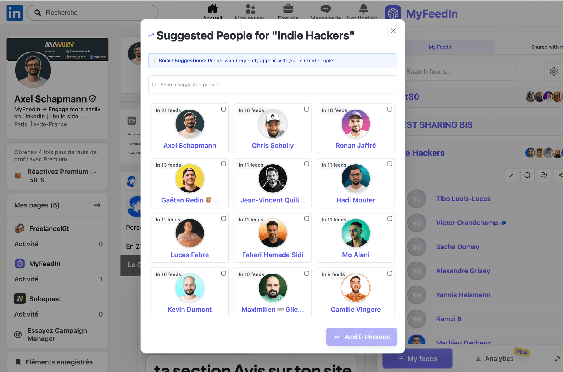 MyFeedIn engagement interface showing focused LinkedIn interaction