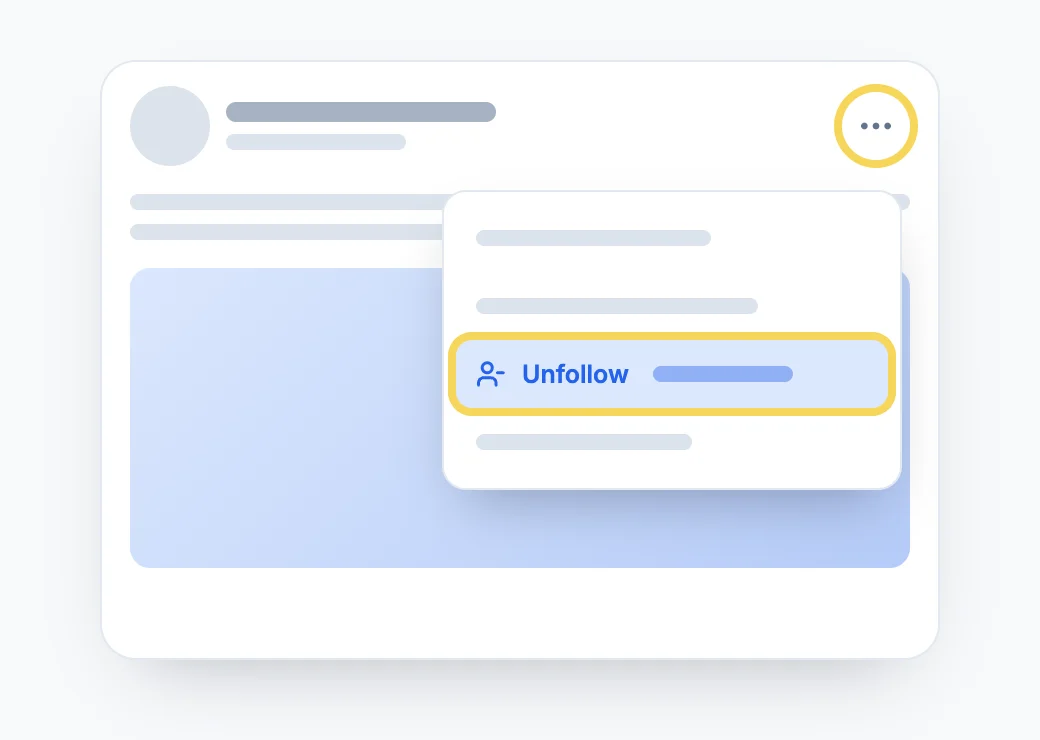 The three-dot menu on a LinkedIn post, opened, with Unfollow and the author's name highlighted