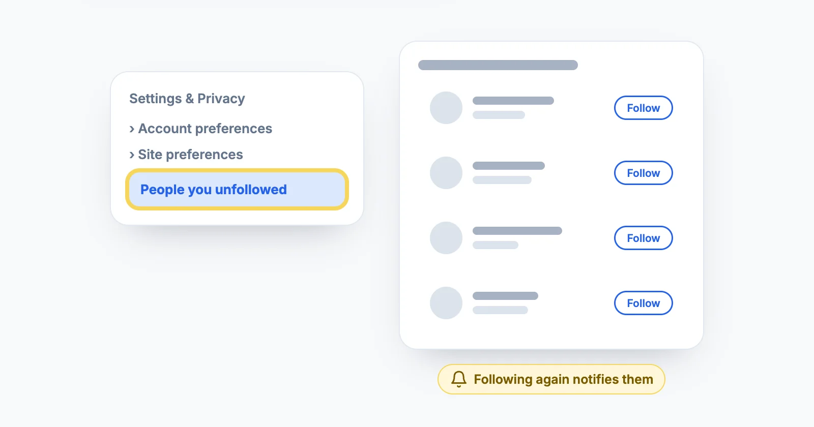 LinkedIn settings path Account preferences, Site preferences, People you unfollowed, with the list of unfollowed people and a Follow button next to each name