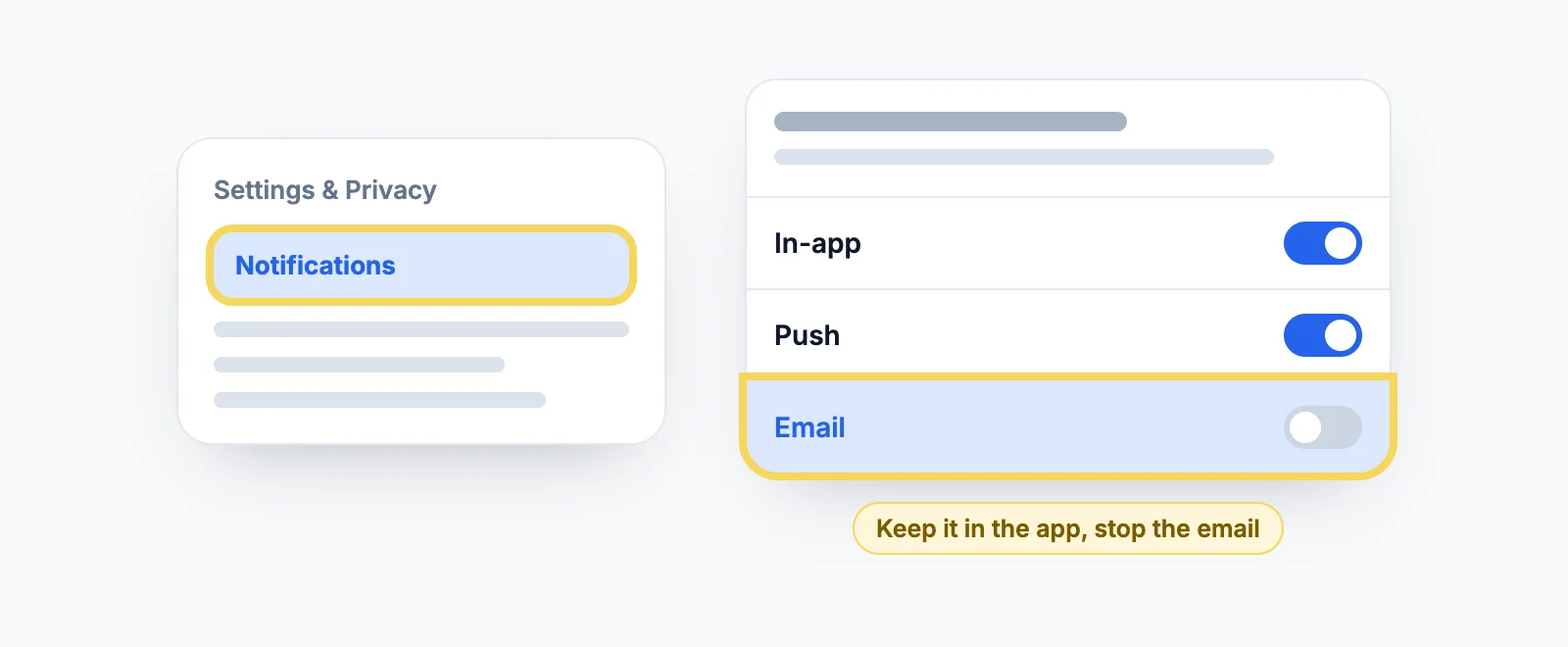 LinkedIn notification settings for one notification type, with separate In-app, Push and Email toggles and the Email toggle switched off