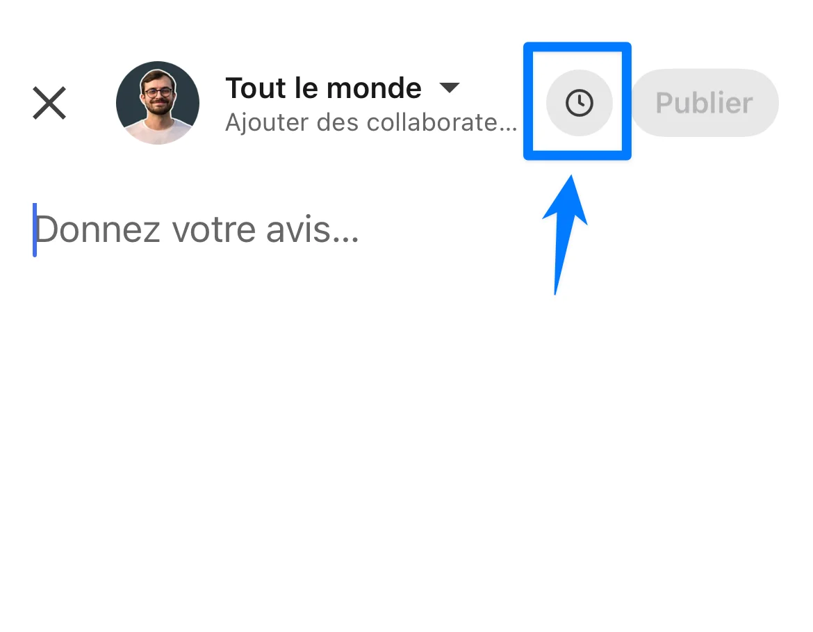 LinkedIn mobile app composer with the clock icon highlighted next to the post button