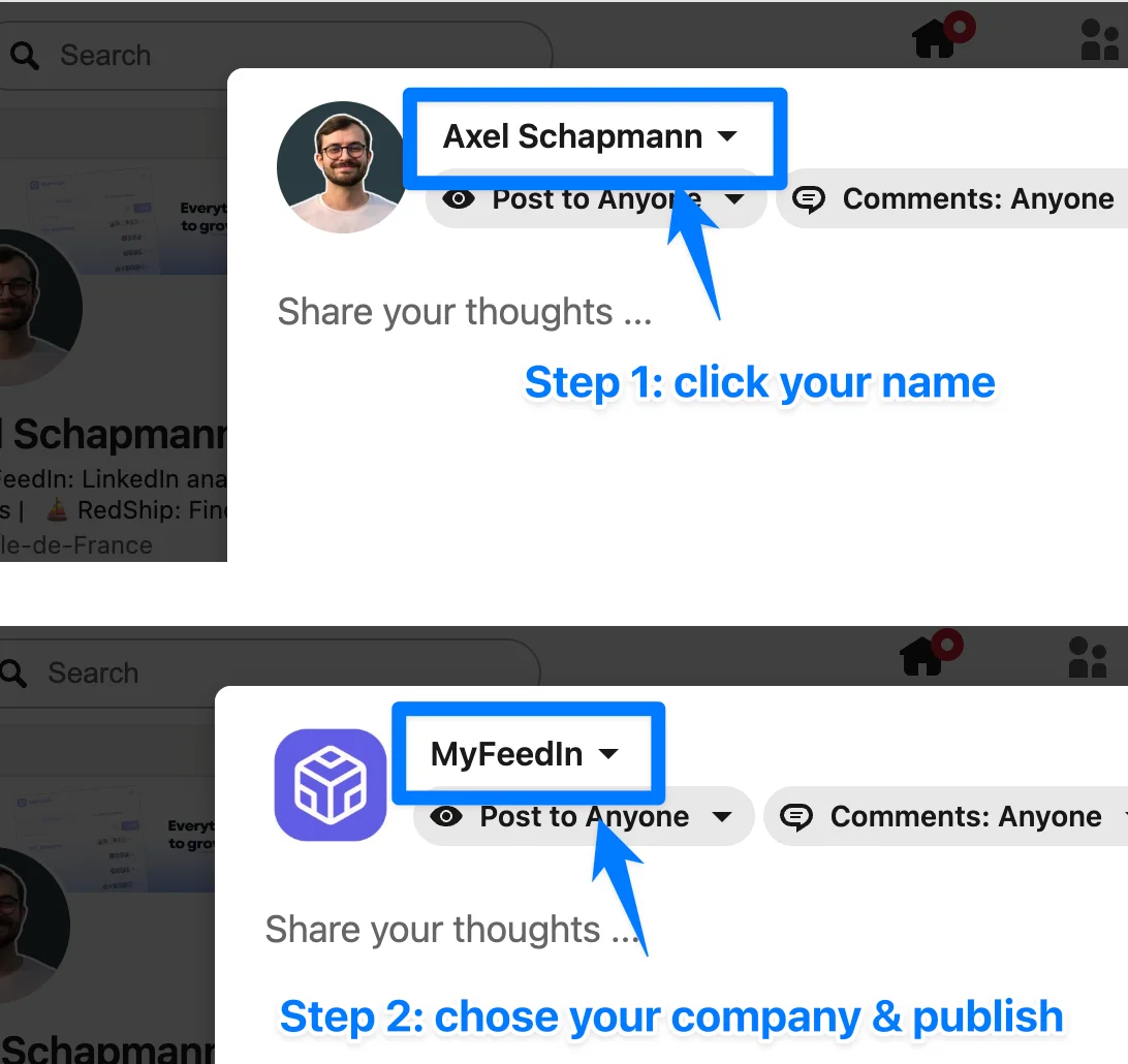 LinkedIn post composer: click your name, then pick your company Page to post as it