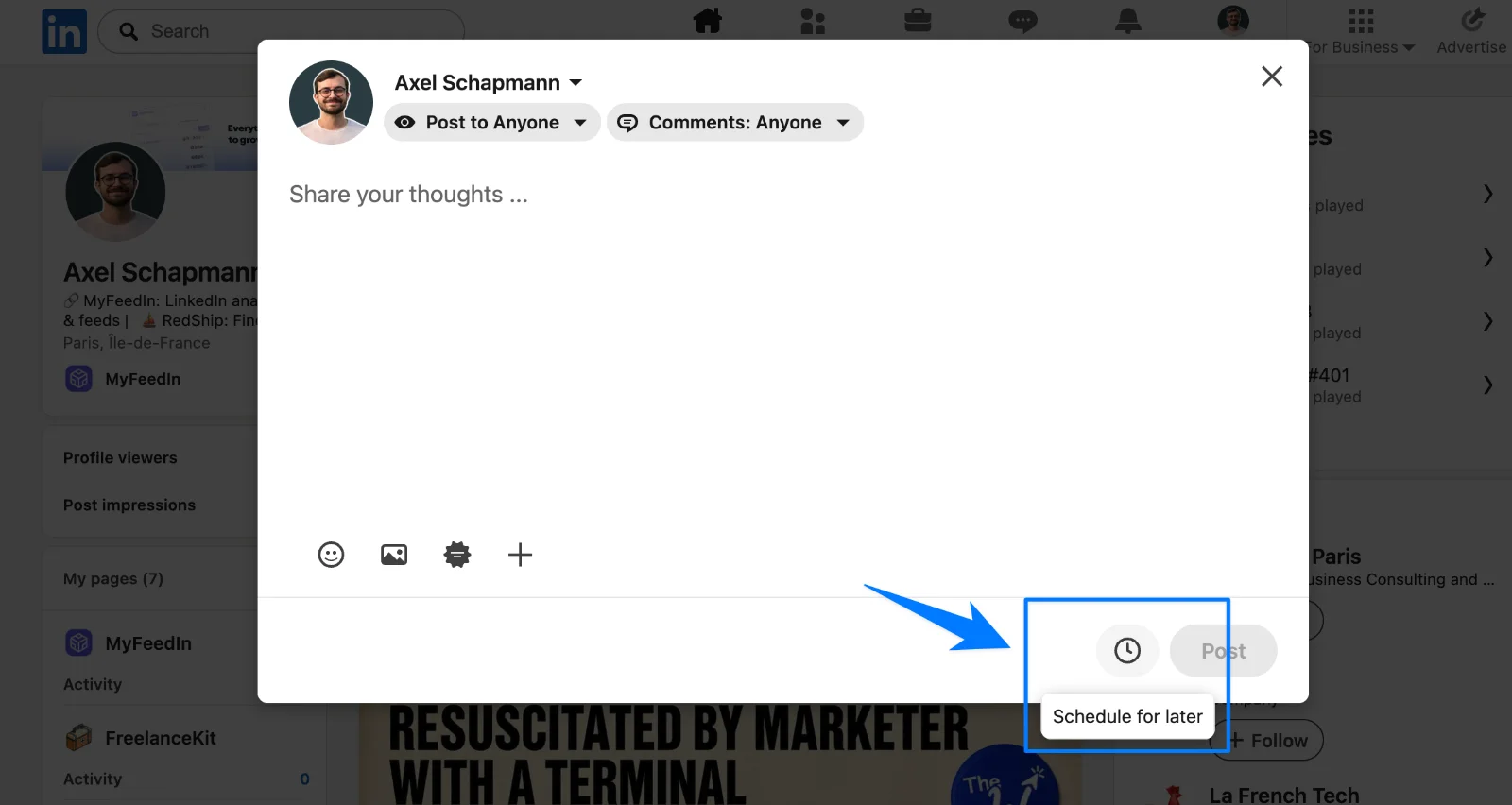 LinkedIn post composer with the clock icon and its Schedule for later tooltip highlighted next to the Post button