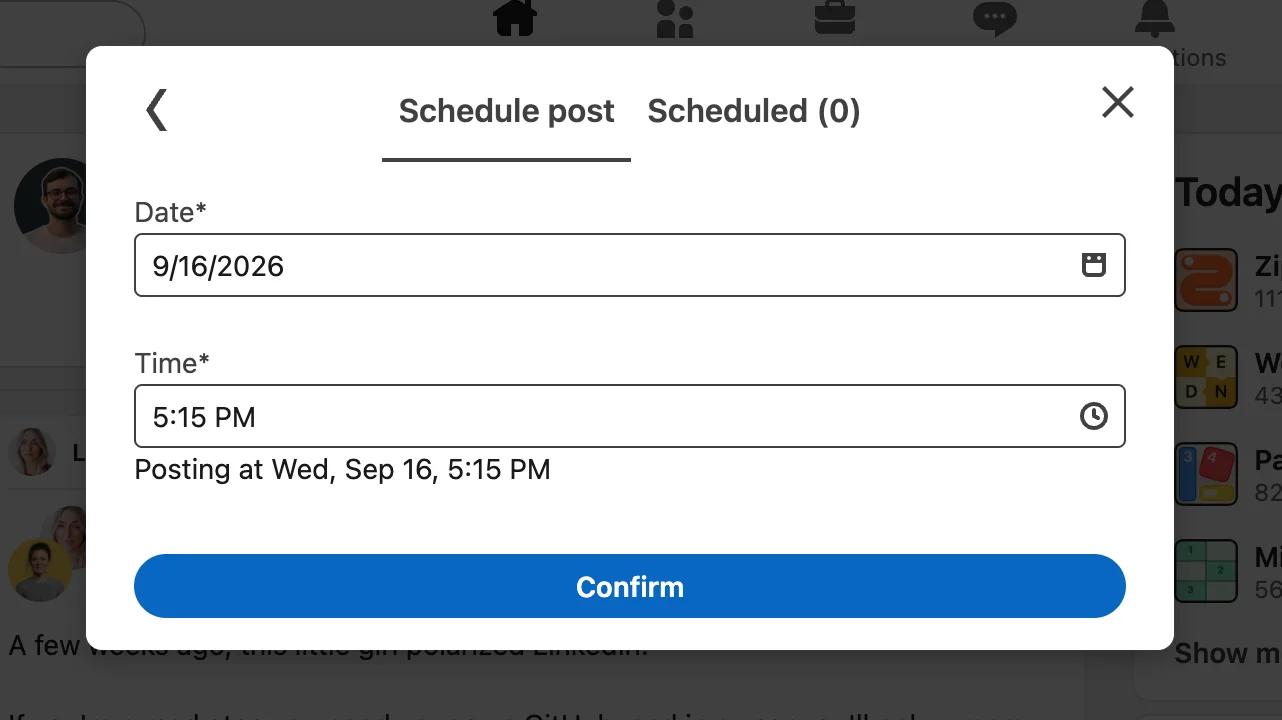 LinkedIn Schedule post window with the date and time fields and the Confirm button