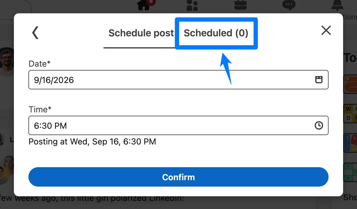 LinkedIn Schedule post window with the Scheduled tab highlighted, where scheduled posts are listed