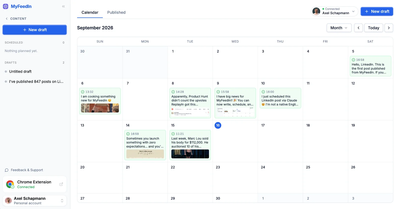MyFeedIn content calendar in month view with LinkedIn posts scheduled across September