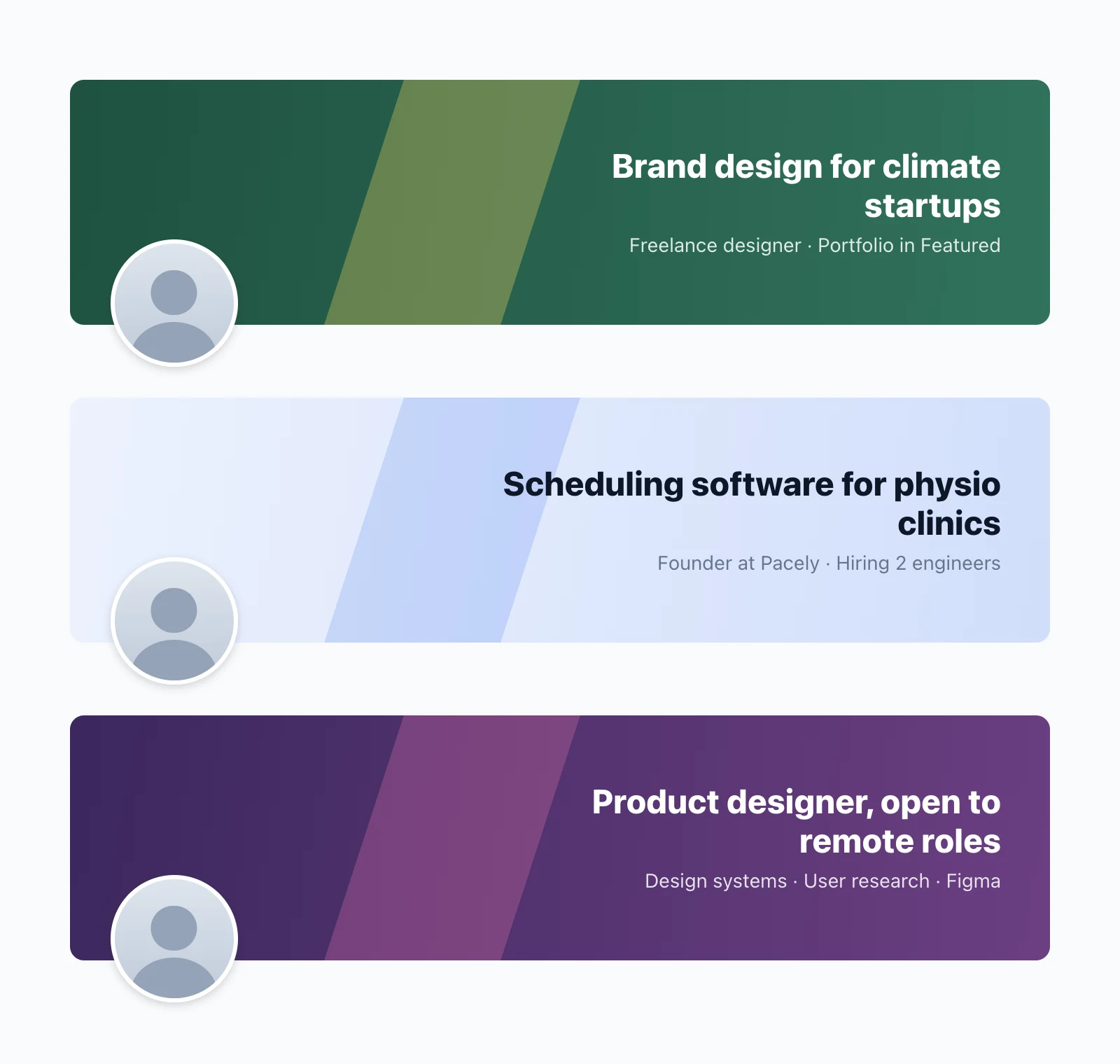 Three example LinkedIn banners with text on the right side: a freelance designer, a startup founder and a product designer looking for a job