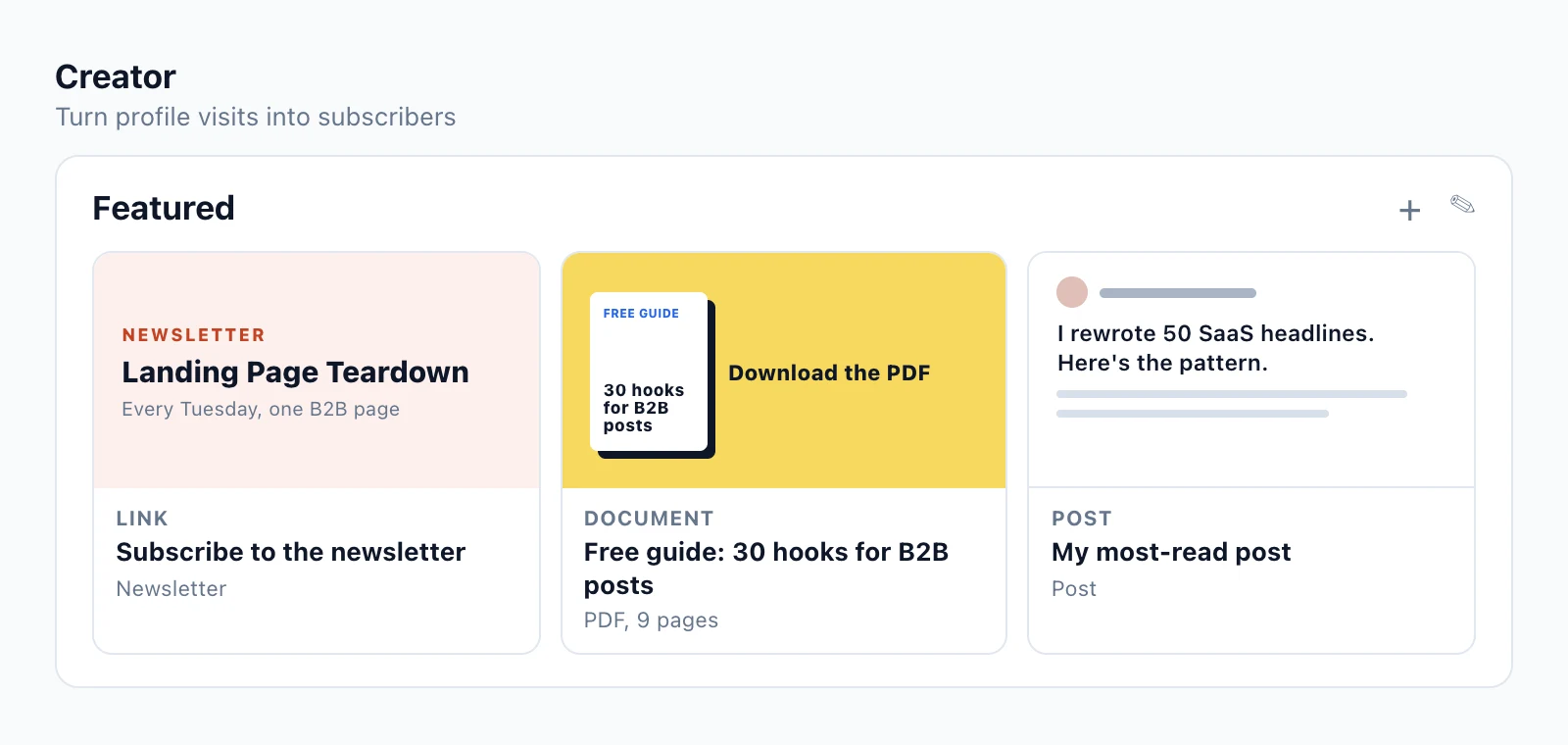 Featured section example for a creator: a newsletter link, a free guide PDF and their most-read post