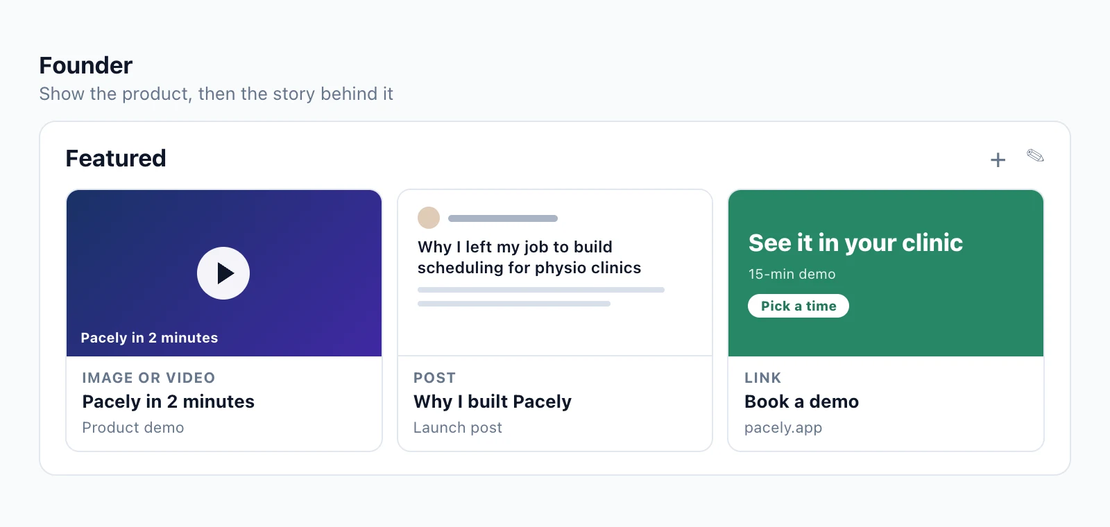 Featured section example for a founder: a 2-minute product demo video, the launch post and a book-a-demo link