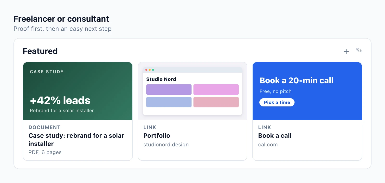 Featured section example for a freelancer: a case study PDF, a portfolio link and a book-a-call link