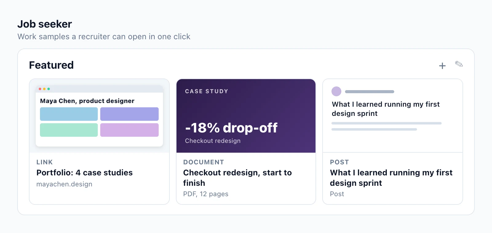 Featured section example for a job seeker: a portfolio link, a case study PDF and a post about leading a design sprint