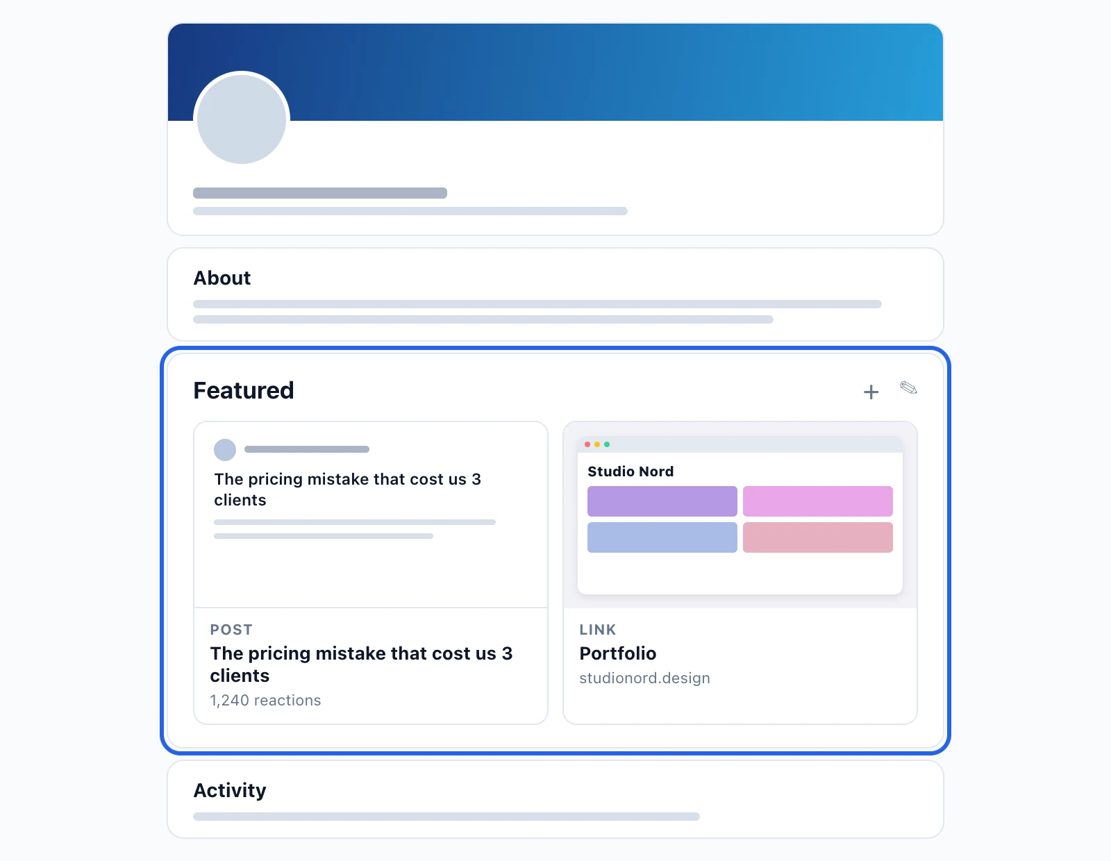 A LinkedIn profile with the Featured section highlighted between the About section and the Activity section
