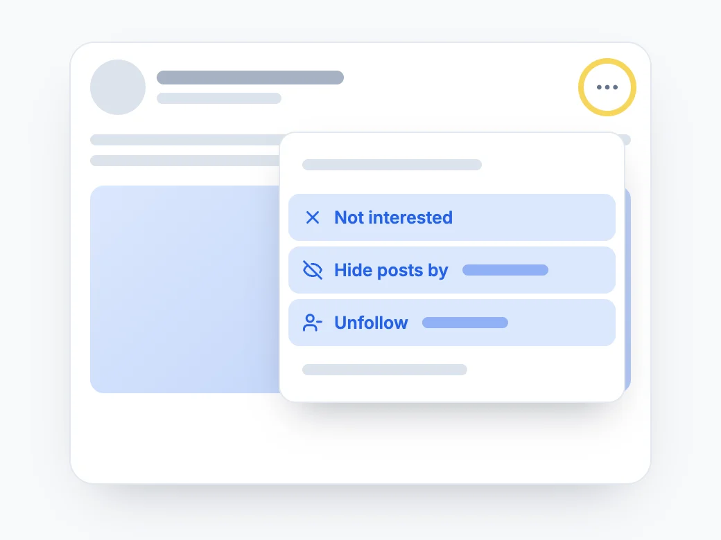 The three-dot menu on a LinkedIn post, opened, with Not interested, Hide posts by and Unfollow highlighted