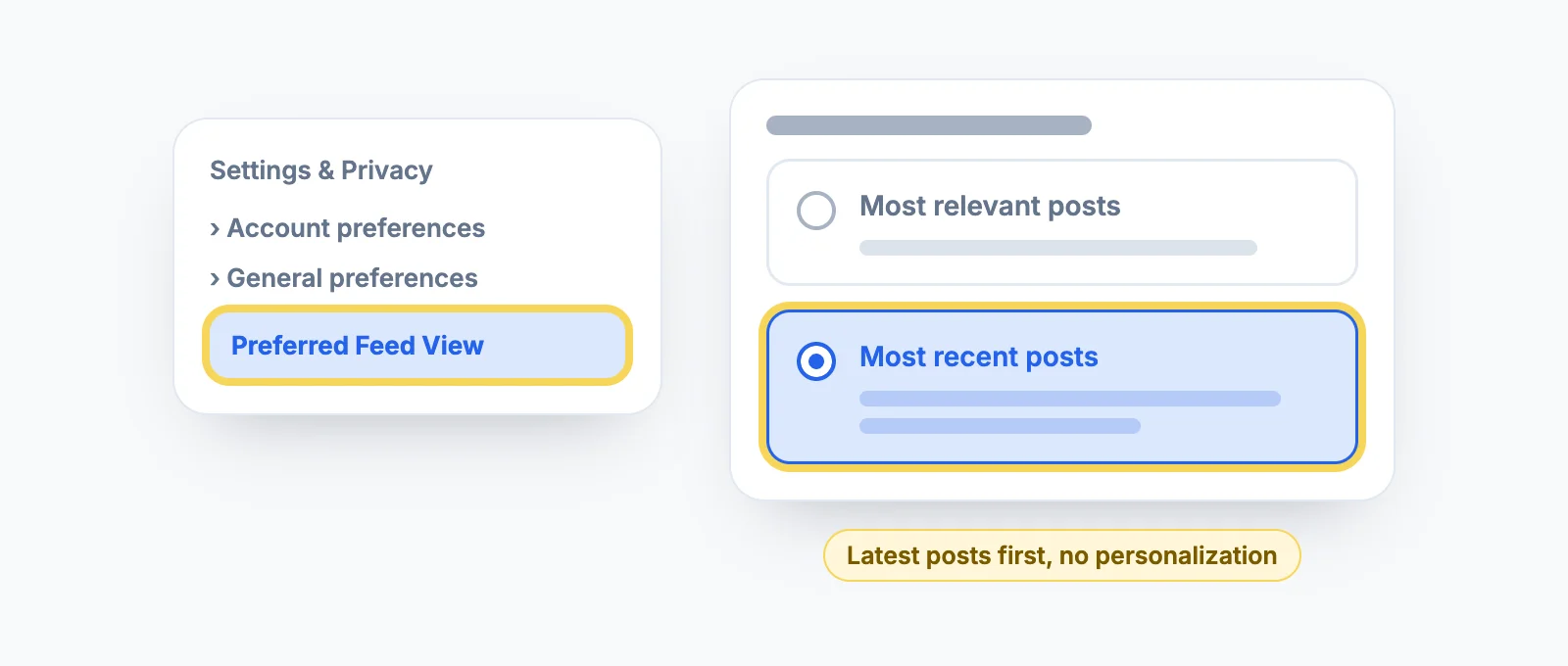 LinkedIn settings path Settings & Privacy, Account preferences, Preferred Feed View, with Most recent posts selected instead of Most relevant posts