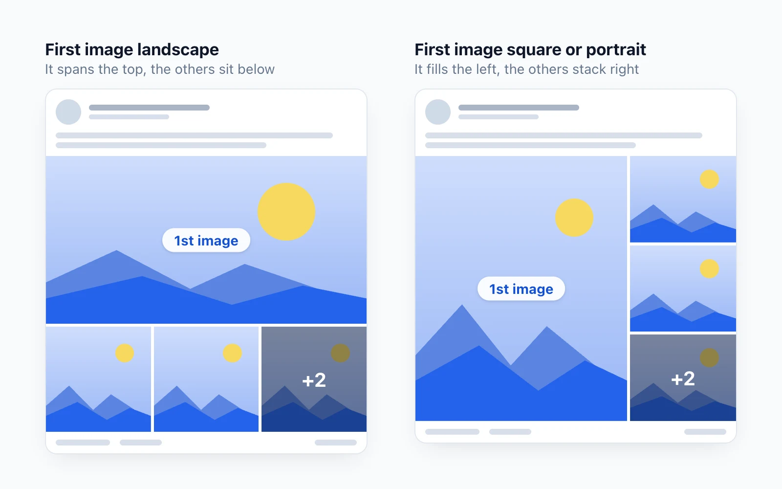 LinkedIn multi-image post layouts: a landscape first image on top with thumbnails below, and a portrait first image on the left with thumbnails stacked on the right